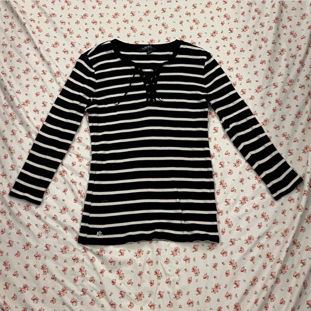 Black and White Striped Ralph Lauren Women's Top